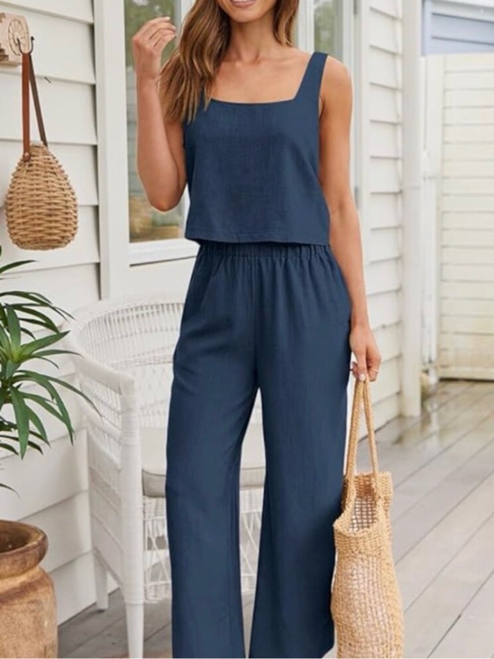 Sleeveless Navy Square-Neck Wide-Leg Jumpsuit
